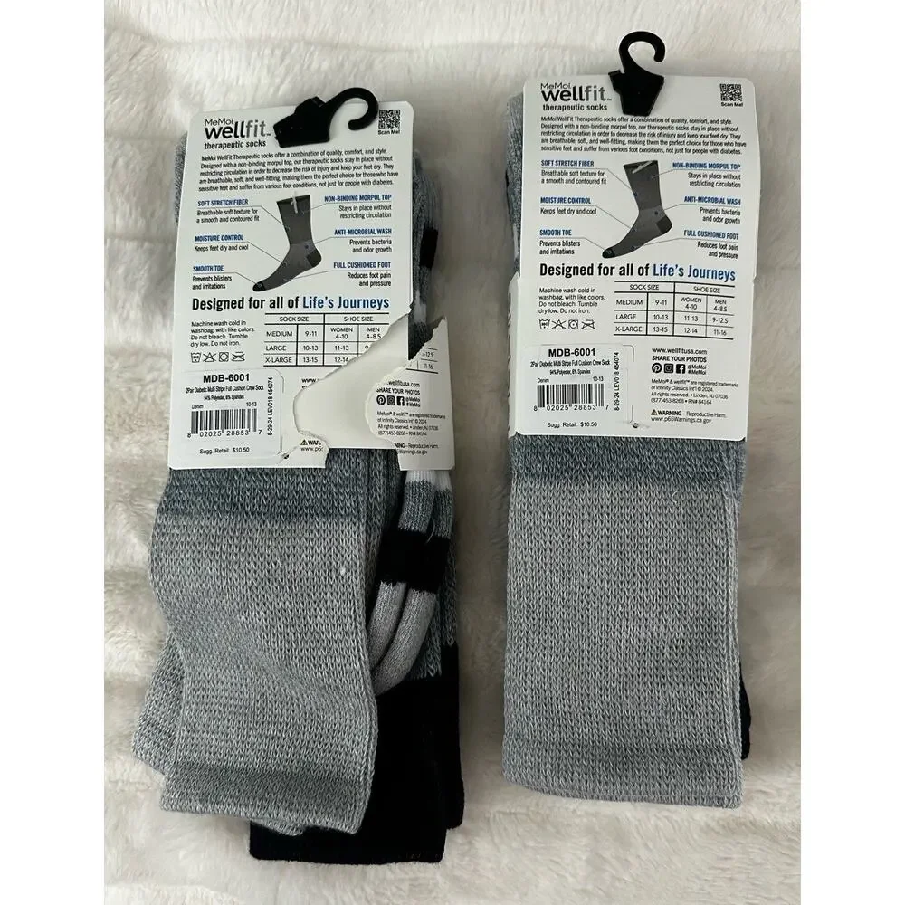 2 NWT MeMoi Unisex Therapeutic Large 4 Pair Full Cushioned Stripe Crew Socks